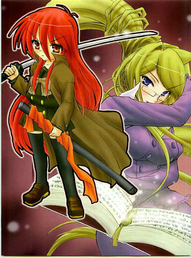 alastor (shakugan no shana), marchosias, margery daw, shana, shakugan no shana, jpeg artifacts, 00s, 2girls, blonde hair, blue eyes, book, cloak, glasses, jewelry, long hair, multiple girls, pendant, ponytail, red eyes, red hair, school uniform, thighhighs