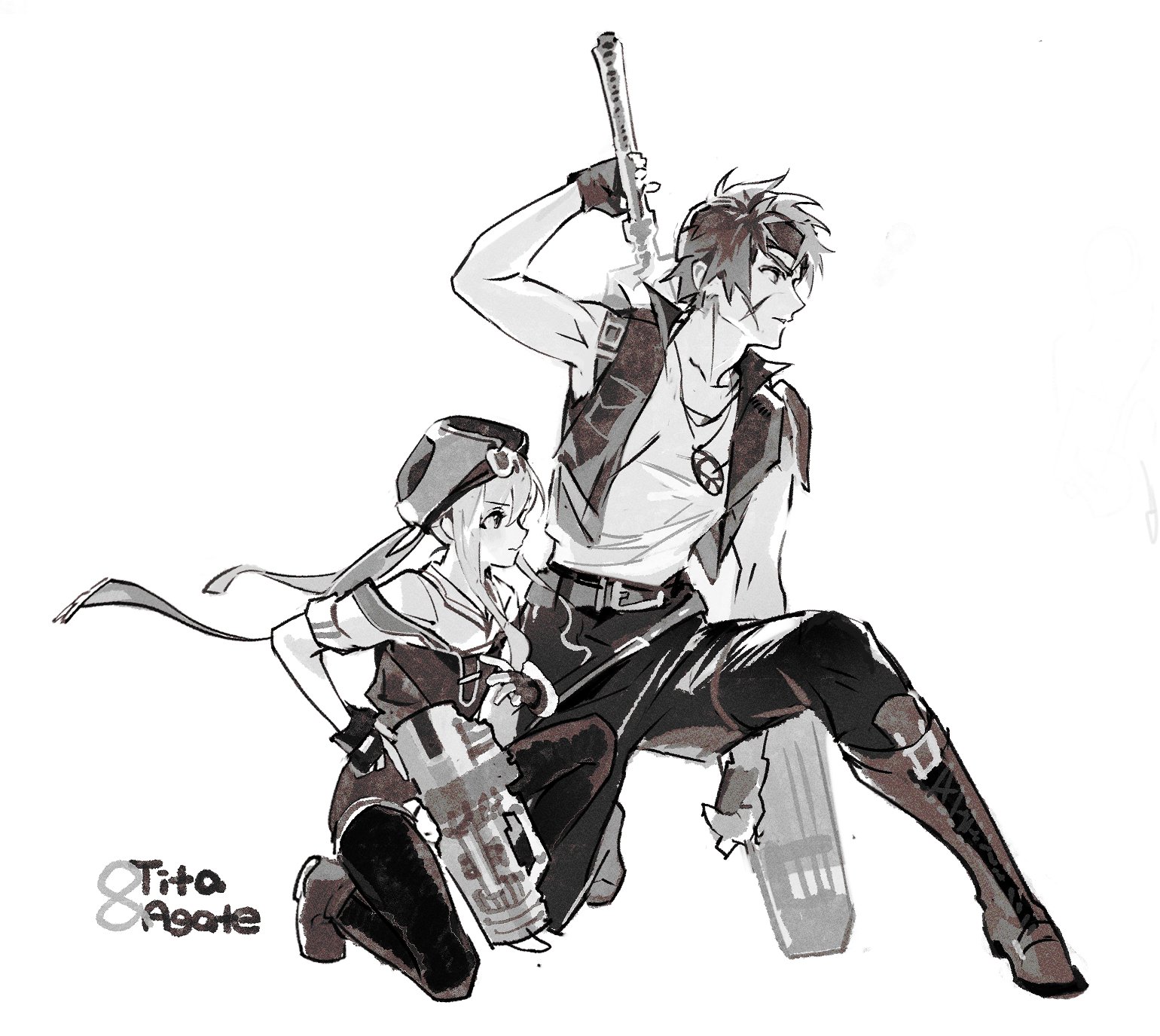 arashiko falcom, agate crosner, tita russell, eiyuu densetsu, sora no kiseki, highres, 1boy, 1girl, boots, cross scar, english text, facial scar, fingerless gloves, full body, gloves, greyscale, gun, headband, holding, holding gun, holding sword, holding weapon, huge weapon, jacket, jewelry, monochrome, on one knee, pendant, scar, scar on cheek, scar on face, short hair, short sleeves, simple background, suspenders, sword, weapon, white background