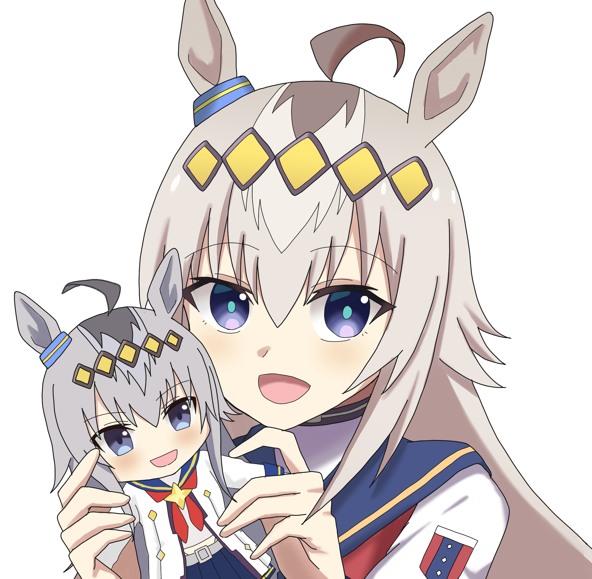 oguri cap (starlight beat) (umamusume), oguri cap (umamusume), umamusume, highres, 1girl, ahoge, animal ears, blue eyes, blue sailor collar, blue skirt, blush, brooch, character doll, doll, ear ornament, grey hair, hair between eyes, hair ornament, hairband, holding, holding doll, horse ears, horse girl, jacket, jewelry, long hair, long sleeves, looking at viewer, multicolored hair, neckerchief, nemusugi 1119, open mouth, red neckerchief, sailor collar, shirt, simple background, skirt, smile, solo, star brooch, upper body, white background, white jacket, white shirt