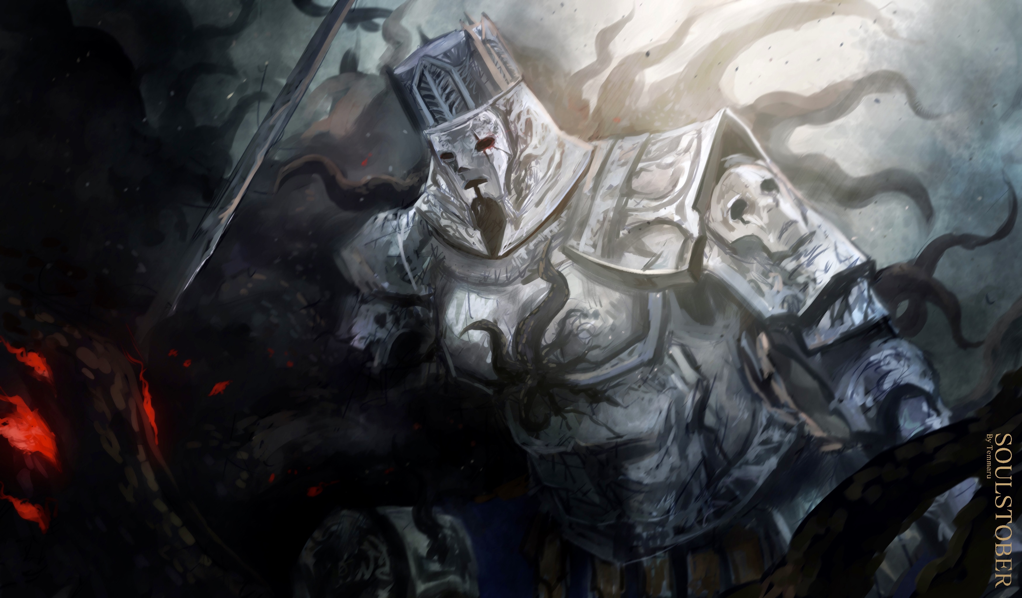temmaru1, dark souls (series), dark souls iii, absurdres, commentary, english commentary, highres, 1boy, armor, breastplate, crown, darkness, gauntlets, grey background, helm, helmet, iudex gundyr, leaning forward, male focus, mask, masked, pauldrons, shoulder armor, solo, upper body
