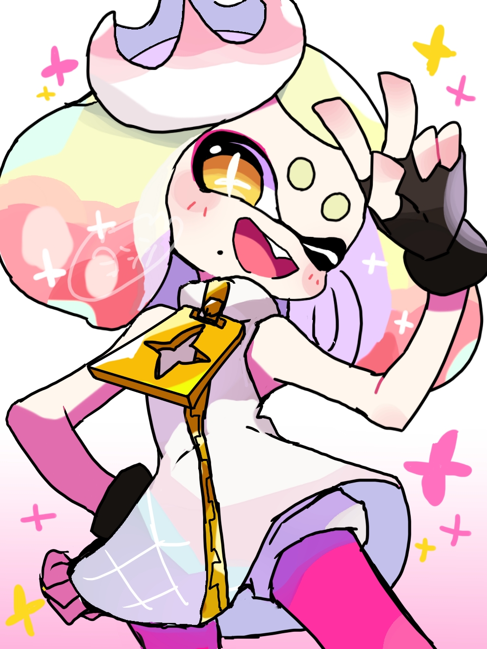 yoshishi (yosisitoho), pearl (splatoon), nintendo, splatoon (series), splatoon 2, highres, + +, 1girl, :d, black gloves, blonde hair, crown, dress, fingerless gloves, gloves, gradient hair, hand on own hip, inkling, looking at viewer, mole, mole under mouth, multicolored hair, one eye closed, open mouth, pantyhose, pink background, pink hair, pink pantyhose, simple background, smile, solo, standing, tentacle hair, two-tone hair, upper body, w, white dress, yellow eyes
