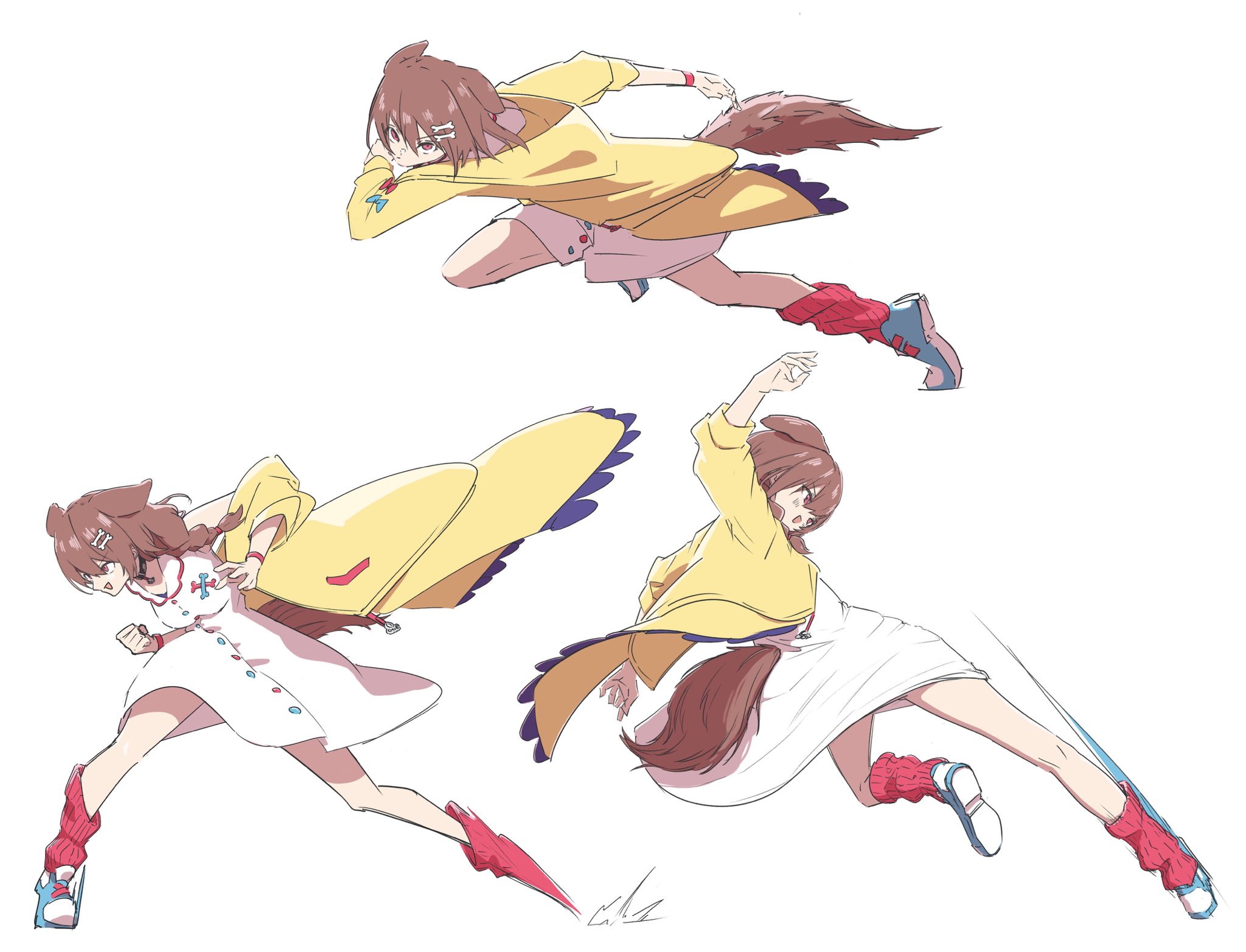 inugami korone, inugami korone (1st costume), hololive, hashtag-only commentary, highres, 1girl, animal collar, animal ears, bone hair ornament, braid, brown hair, collar, dog ears, dog girl, dog tail, dress, fighting stance, from side, hair ornament, jacket, kicking, motion lines, multiple views, north work, open mouth, red eyes, red socks, running, simple background, socks, tail, white background, white dress, yellow jacket