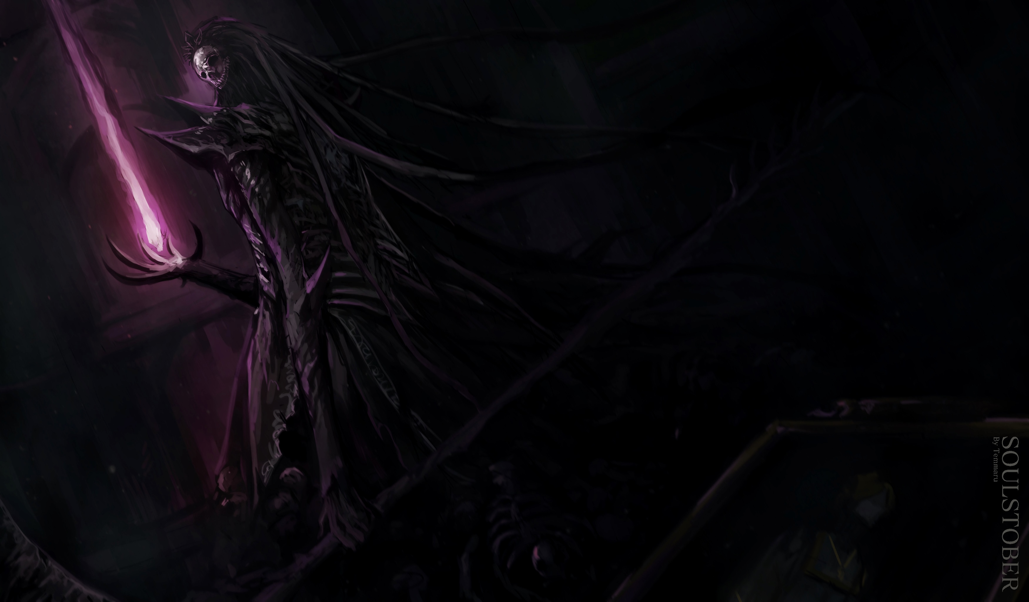 temmaru1, nashandra, dark souls (series), dark souls ii, absurdres, commentary, english commentary, highres, 1girl, black hair, demon girl, fire, from behind, holding, holding scythe, long hair, looking at viewer, looking back, purple fire, scythe, skull, solo, undead, very long hair