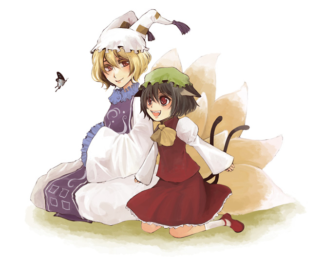 kotemari noboru, chen, yakumo ran, touhou, bad id, bad pixiv id, 2girls, animal ears, animal hat, blonde hair, brown hair, bug, butterfly, cat ears, cat girl, cat tail, dress, female focus, fox tail, hat, insect, kneeling, long sleeves, mob cap, multiple girls, multiple tails, red eyes, short hair, tail, tassel, white background, wide sleeves