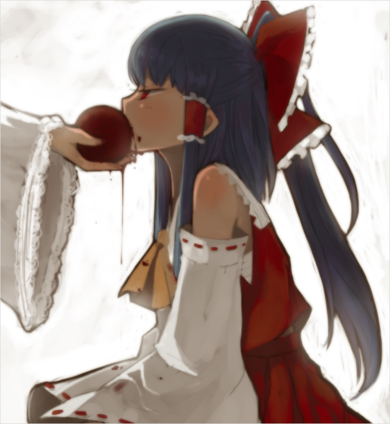 domotolain, hakurei reimu, touhou, 1girl, apple, ascot, blood, eating, female focus, food, fruit, holding, holding food, holding fruit, red eyes, solo, yellow ascot