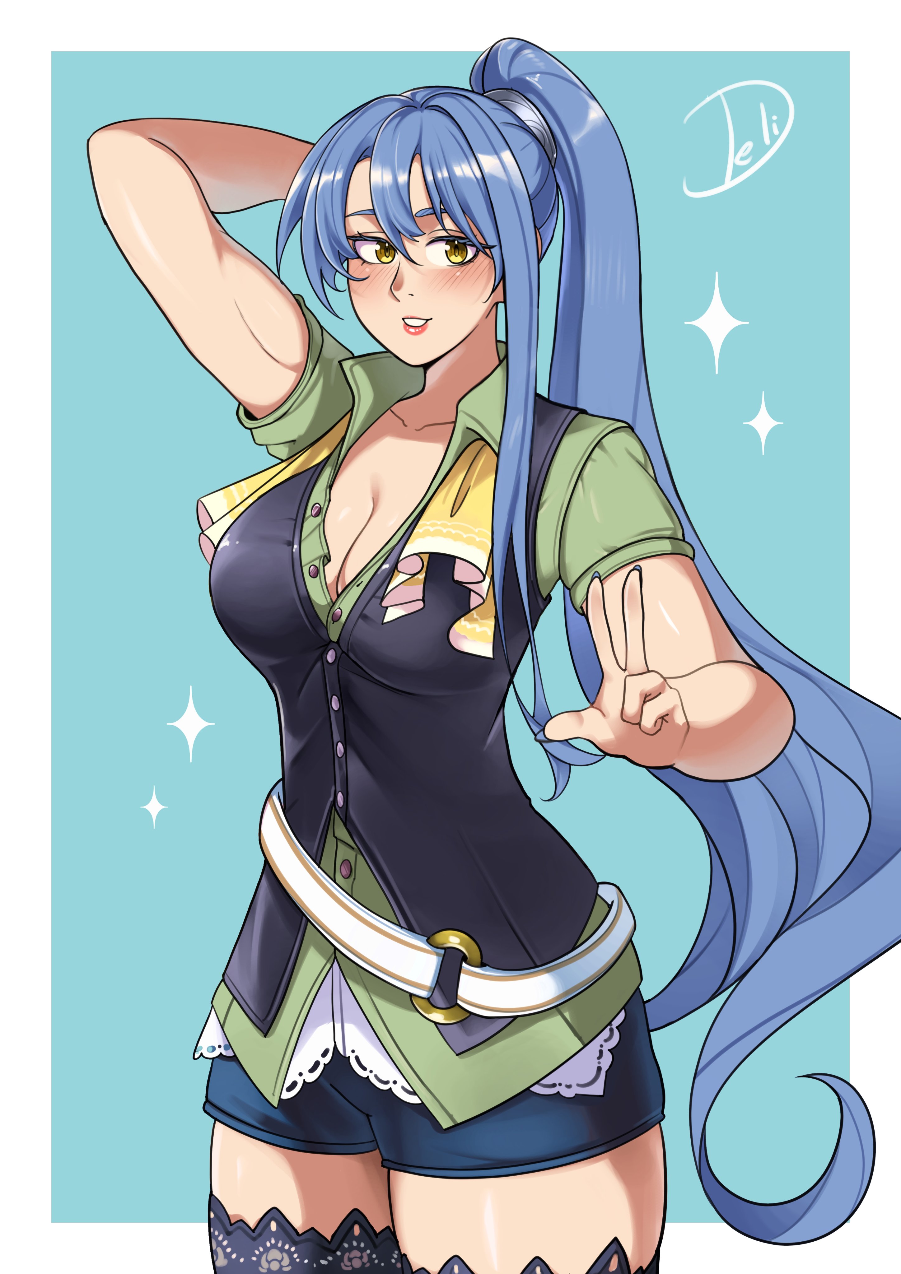 deliciousbrain, laura s. arseid, eiyuu densetsu, sen no kiseki, sen no kiseki (series), sen no kiseki iii, absurdres, commentary, commission, english commentary, highres, 1girl, bike shorts, blue background, blue hair, border, breasts, cleavage, double-parted bangs, hair between eyes, lace trim, large breasts, long hair, long single sidelock, looking at viewer, ponytail, short sleeves, shorts, signature, simple background, single sidelock, smile, solo, sparkle background, two-tone background, upper body, v, very long hair, vest, waistcoat, white border, yellow eyes