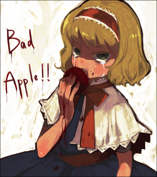 domotolain, alice margatroid, touhou, bad id, bad pixiv id, 1girl, apple, bad apple!!, blood, crying, crying with eyes open, eating, female focus, food, fruit, solo, tears