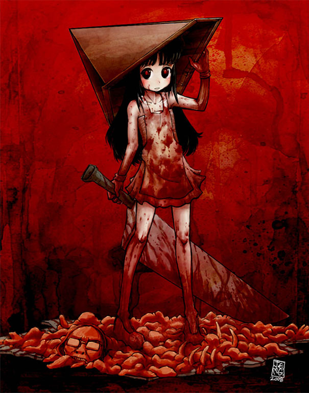j-e-m-g, pyramid head, silent hill, silent hill (series), silent hill 2, 1girl, apron, black hair, blood, child, death, dress, female focus, genderswap, genderswap (mtf), gloves, guro, helmet, long hair, red background, red theme, solo, sword, weapon