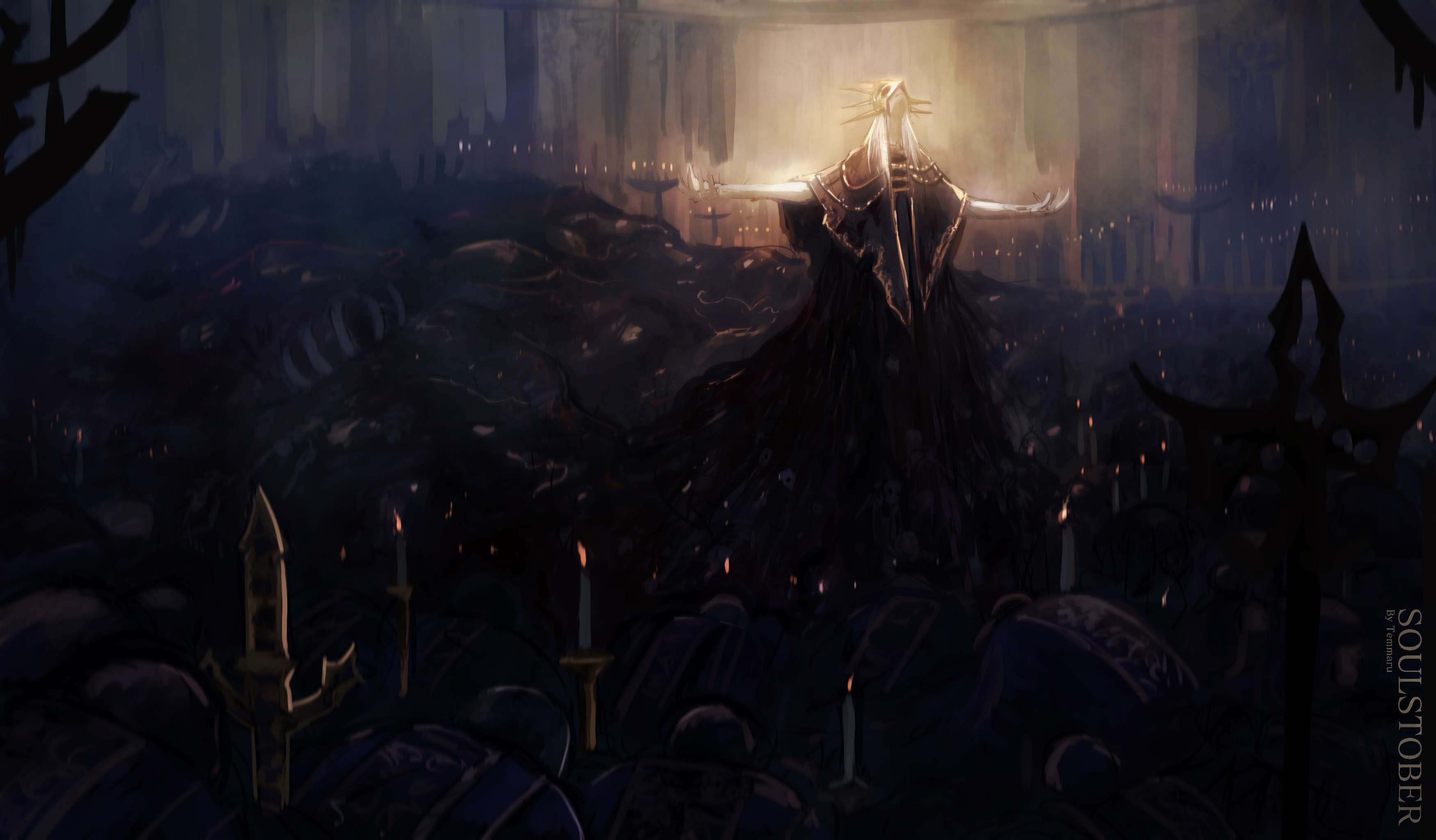 temmaru1, aldrich devourer of gods, dark sun gwyndolin, dark souls (series), dark souls iii, absurdres, commentary, english commentary, highres, 1boy, black cape, candle, cape, crown, darkness, indoors, male focus, outstretched arms, solo, spread arms