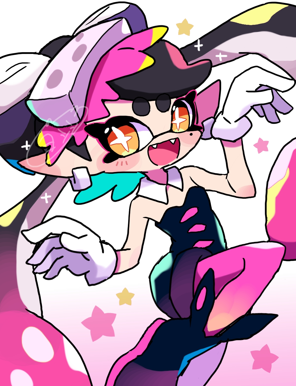 yoshishi (yosisitoho), callie (splatoon), nintendo, splatoon (series), splatoon 1, highres, + +, 1girl, :d, black boots, black hair, black jumpsuit, boots, bow-shaped hair, detached collar, earrings, gloves, gradient hair, inkling, jewelry, jumpsuit, long hair, looking at viewer, mole, mole under eye, multicolored hair, object on head, open mouth, pantyhose, pink background, pink hair, pink pantyhose, pointy ears, short jumpsuit, simple background, smile, solo, standing, star (symbol), tentacle hair, twintails, upper body, white gloves, yellow eyes