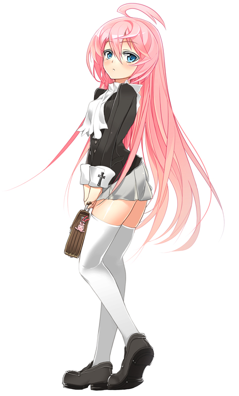 char, original, bad id, bad pixiv id, ahoge, bag, blue eyes, long hair, pink hair, satchel, school bag, simple background, solo, thighhighs, zettai ryouiki