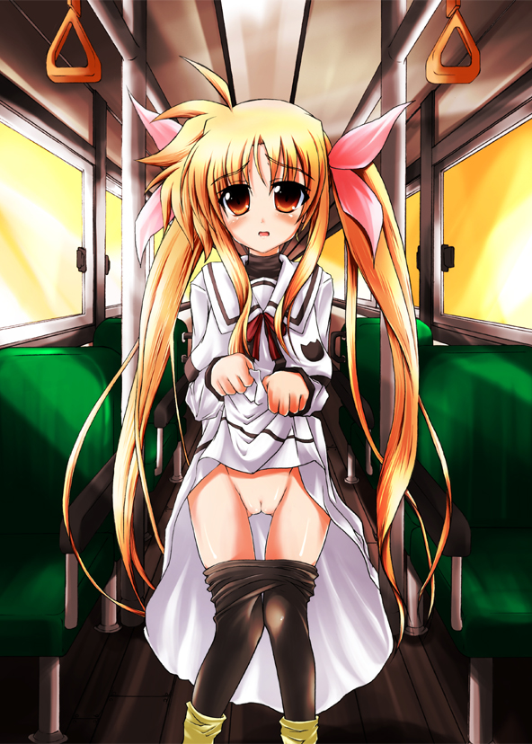 kunon, fate testarossa, lyrical nanoha, mahou shoujo lyrical nanoha, vehicle, 00s, 1girl, blonde hair, bus, clothes lift, clothes pull, female focus, hair ornament, hair ribbon, loli, motor vehicle, no panties, pantyhose, pantyhose pull, pussy, ribbon, skirt, skirt lift, solo, standing, twintails