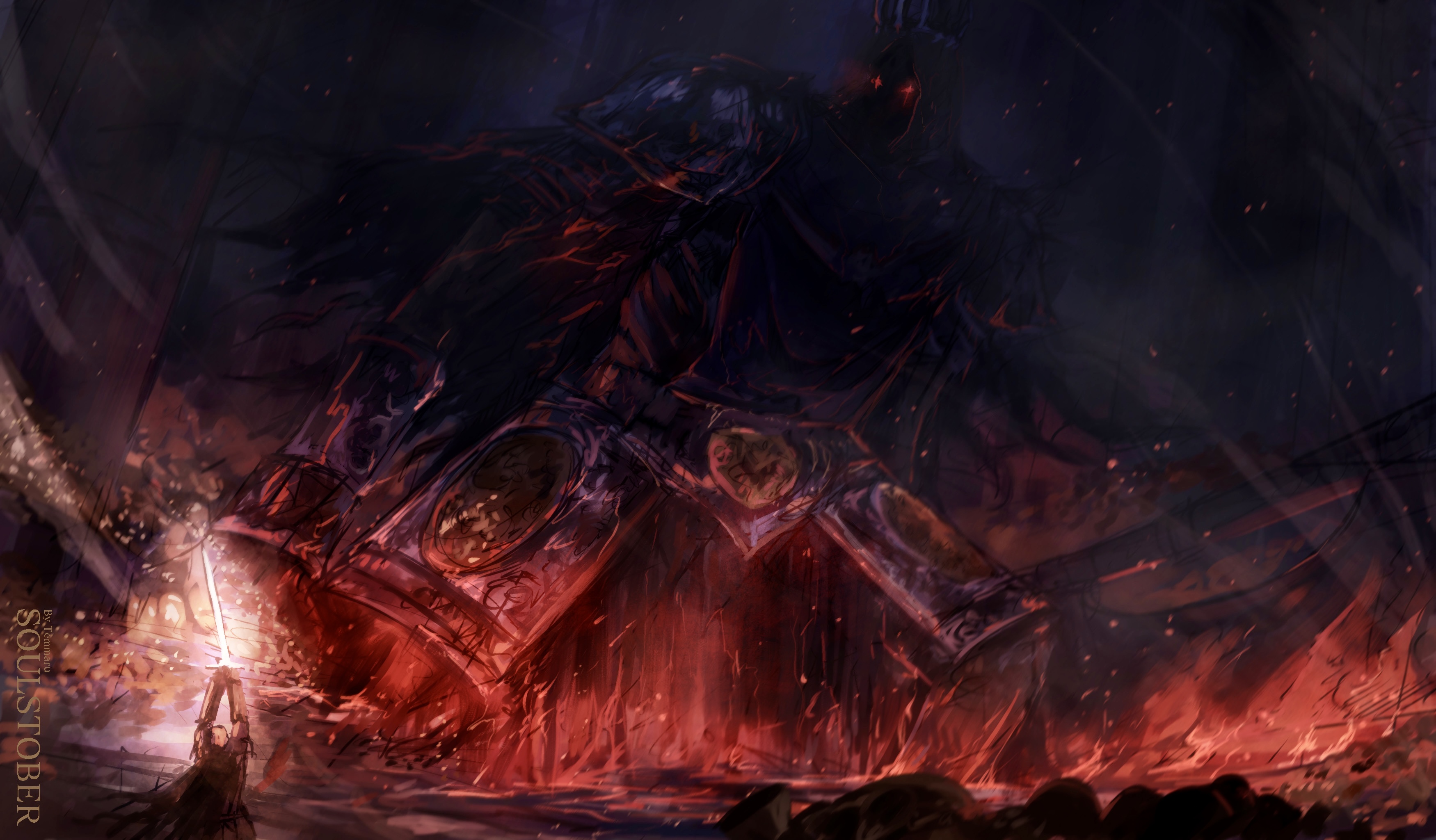 temmaru1, ashen one (dark souls), yhorm the giant, dark souls (series), dark souls iii, absurdres, commentary, english commentary, highres, 2boys, armor, arms up, blonde hair, crown, fire, gauntlets, giant, giant male, holding, holding sword, holding weapon, looking at another, multiple boys, pauldrons, red eyes, shoulder armor, sword, weapon
