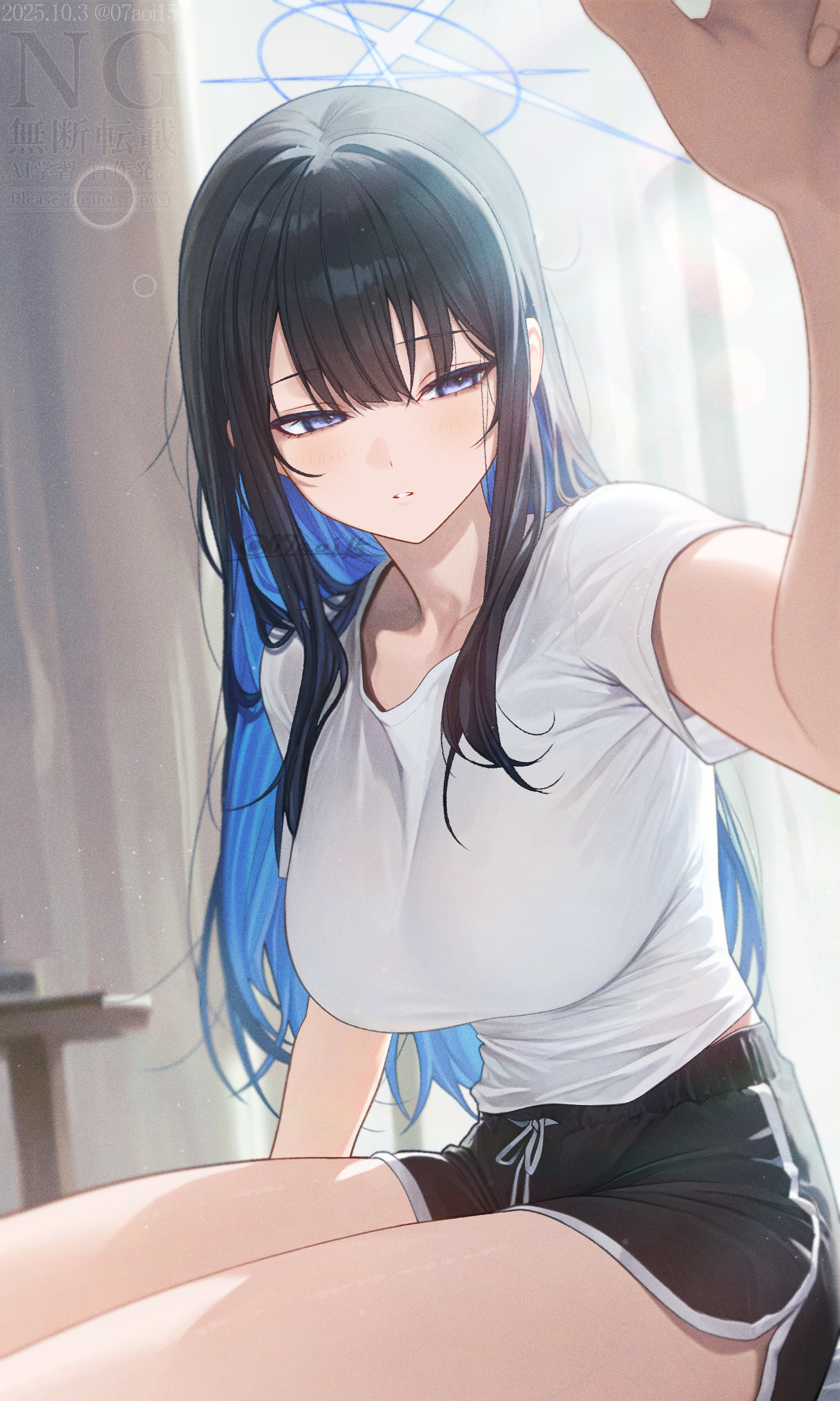 aoi (07aoi15), saori (blue archive), blue archive, absurdres, highres, 1girl, alternate costume, black hair, black shorts, blue eyes, blue hair, blue halo, blush, breasts, colored inner hair, dolphin shorts, halo, indoors, large breasts, long hair, multicolored hair, outstretched arm, shirt, short shorts, short sleeves, shorts, solo, squeans, thighs, waking up, white shirt
