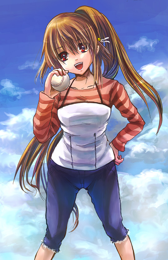 shimaji, natsume rin, little busters!, baseball, brown hair, denim, jeans, long hair, pants, ponytail, red eyes, solo