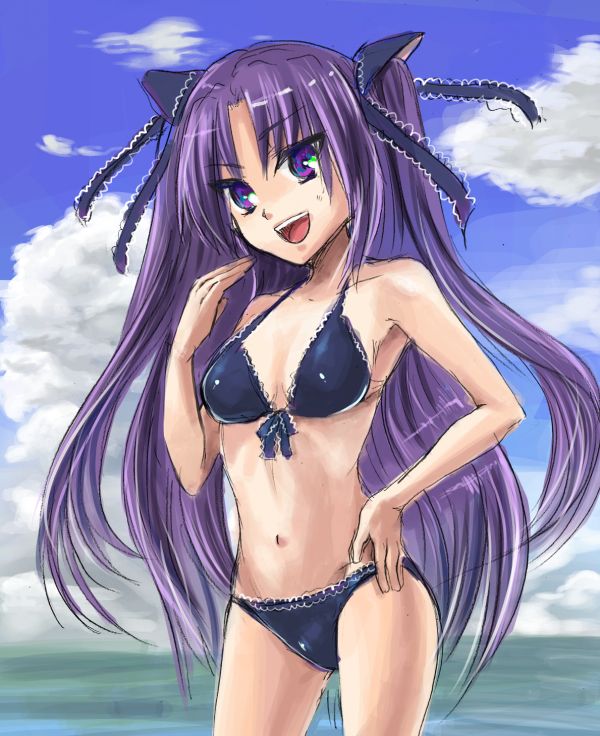 shimaji, sasasegawa sasami, little busters!, bad id, bad pixiv id, 1girl, beach, bikini, black bikini, day, female focus, frills, front-tie top, hair ribbon, long hair, outdoors, purple eyes, purple hair, ribbon, smile, solo, swimsuit, twintails, two side up