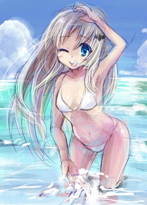 shimaji, noumi kudryavka, little busters!, bad id, bad pixiv id, 1girl, armpits, beach, bikini, blonde hair, blue eyes, day, female focus, one eye closed, outdoors, solo, splashing, swimsuit, water, white bikini, wink