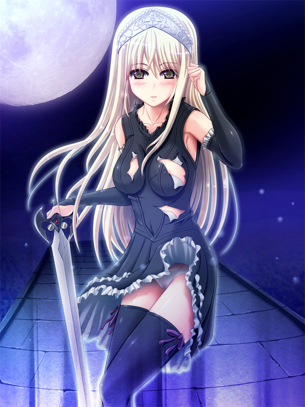 mo-syuseki, hime (kaibutsu oujo), kaibutsu oujo, 00s, 1girl, areola slip, armpits, blonde hair, blush, breasts, clothes lift, dress, dress lift, elbow gloves, female focus, frills, gloves, green eyes, long hair, lowleg, lowleg panties, medium breasts, moon, night, nipple slip, nipples, no bra, panties, ribbon, solo, sword, thighhighs, tiara, torn clothes, underwear, weapon, white panties, wind, wind lift