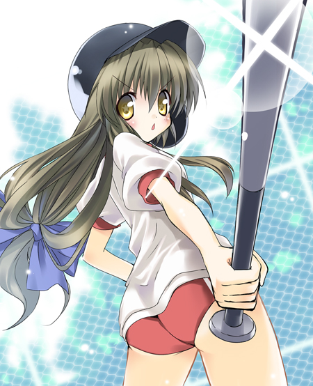 paco, ibuki fuuko, clannad, 00s, 1girl, ass, baseball bat, baseball cap, baseball helmet, buruma, female focus, gym uniform, hat, helmet, lens flare, solo