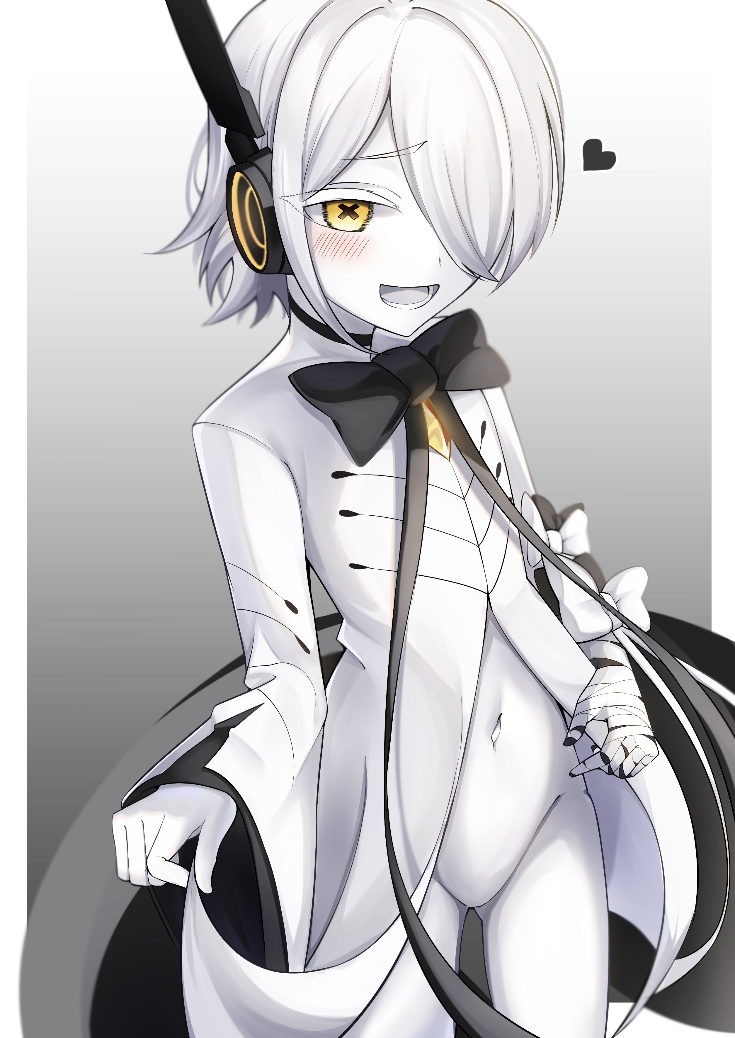 oiru (613), sof (blue archive), blue archive, absurdres, highres, >:), 1girl, :d, bandaged hand, bandages, black bow, black bowtie, blush, bow, bowtie, colored skin, cowboy shot, gluteal fold, groin, hair over one eye, heart, long sleeves, looking at viewer, navel, no pussy, open mouth, outside border, short hair, smile, solo, symbol-shaped pupils, v-shaped eyebrows, white bow, white hair, white skin, wide sleeves, x-shaped pupils, yellow eyes