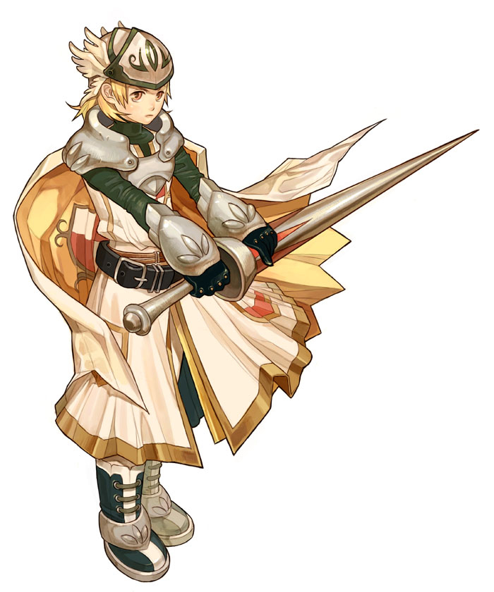 asgard, nexon, artist request, official art, second-party source, ankle boots, asymmetrical footwear, belt, black belt, blonde hair, blue boots, boots, cape, closed mouth, emblem, fantasy, frown, full body, gauntlets, green shirt, green sleeves, grey boots, helmet, holding, holding sword, holding weapon, knight, knight (asgard), legs together, light blush, male focus, mismatched footwear, orange eyes, polearm, shirt, silver armor, simple background, solo, spear, surcoat, sword, turtleneck, turtleneck shirt, two-sided cape, two-sided fabric, weapon, white background, white cape, winged helmet
