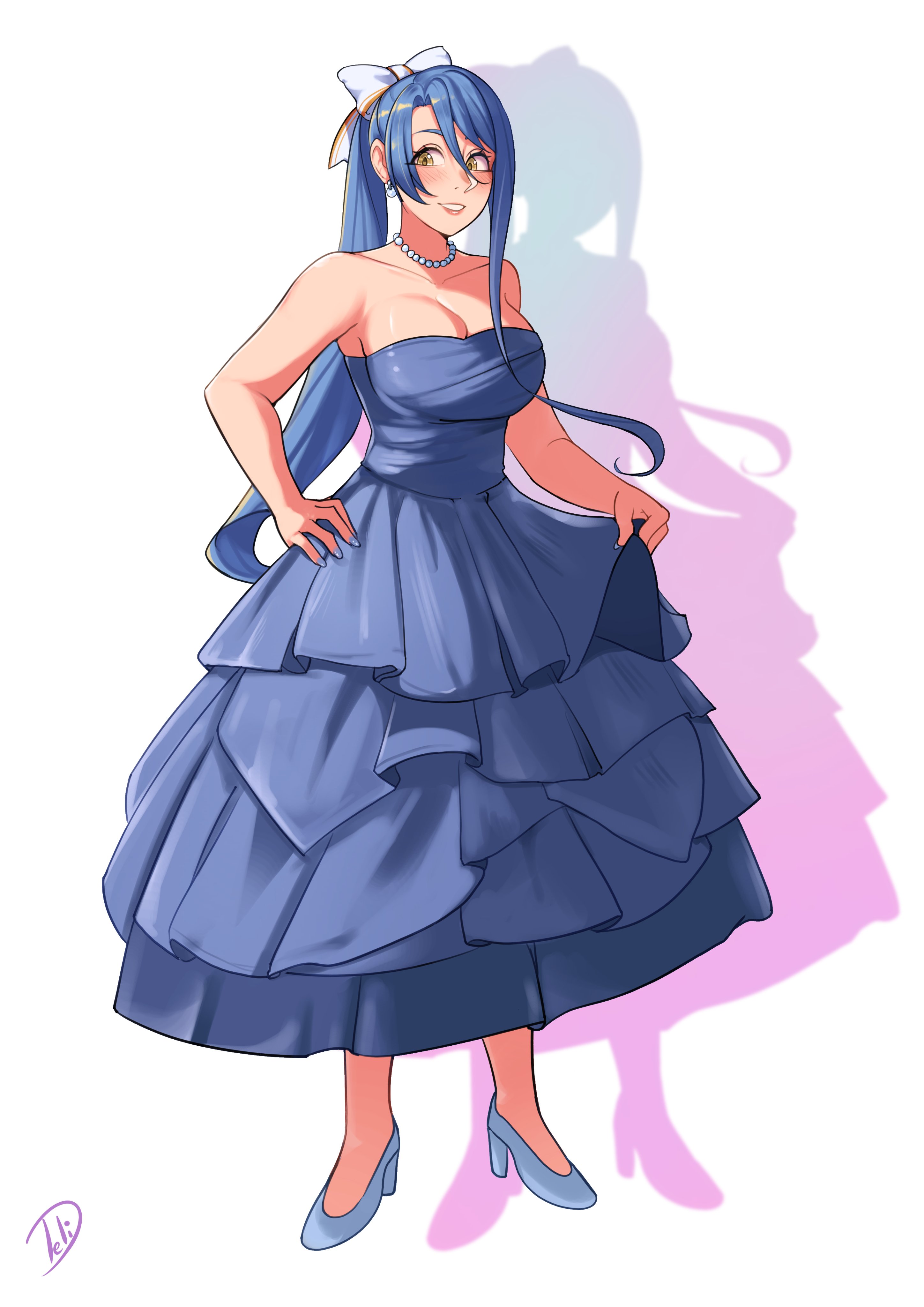 deliciousbrain, laura s. arseid, eiyuu densetsu, sen no kiseki (series), absurdres, commentary, commission, english commentary, highres, 1girl, bare shoulders, blue hair, blush, breasts, cleavage, clothes lift, dress, dress lift, earrings, full body, hand on own hip, high heels, jewelry, large breasts, long hair, long single sidelock, looking at viewer, necklace, pearl necklace, ponytail, signature, silhouette, sleeveless, sleeveless dress, smile, solo, tachi-e, very long hair, yellow eyes