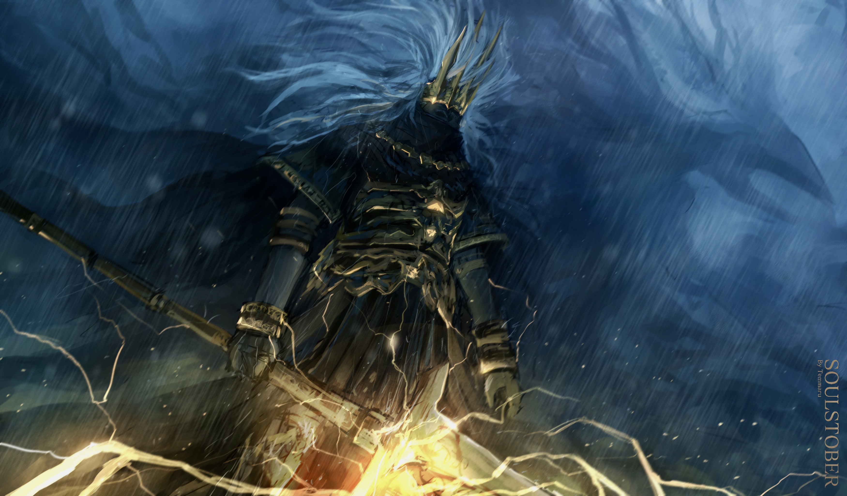 temmaru1, nameless king, dark souls (series), dark souls iii, absurdres, commentary, english commentary, highres, 1boy, armor, black cape, breastplate, cape, colored skin, cowboy shot, crown, dragon, grey skin, lightning, long hair, male focus, rain, solo, white hair