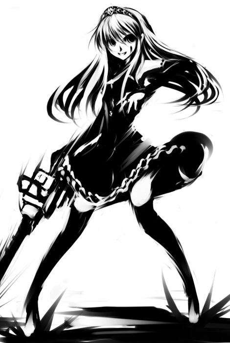 mohomen, hime (kaibutsu oujo), kaibutsu oujo, 00s, 1girl, chainsaw, female focus, full body, greyscale, high contrast, legs apart, monochrome, solo, standing, thighhighs