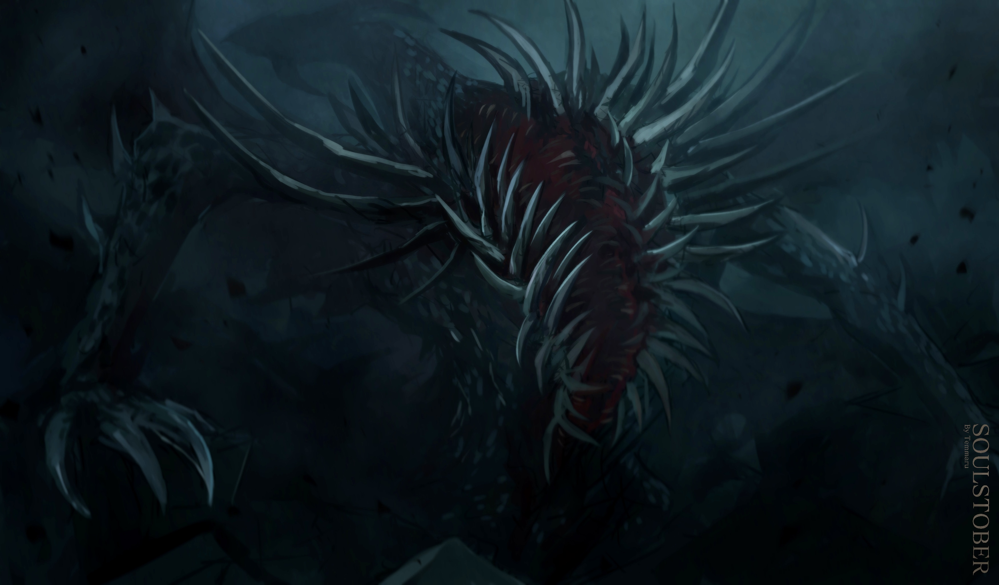 temmaru1, gaping dragon, dark souls (series), dark souls i, absurdres, commentary, english commentary, highres, chest mouth, claws, dragon, grey background, monster, no humans, rock, sharp teeth, teeth