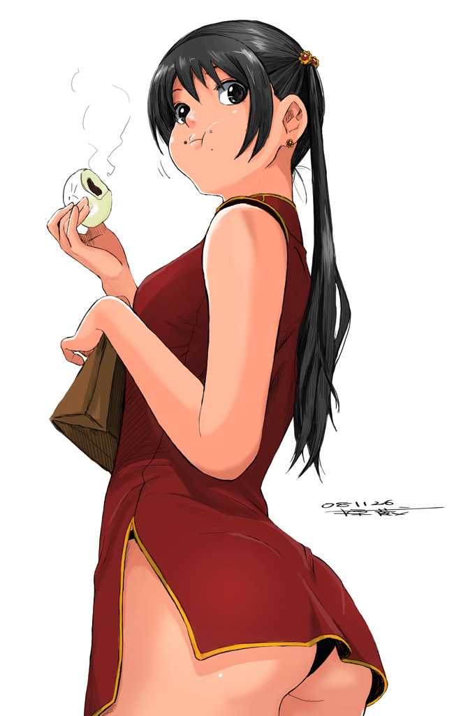 ryouzou, original, 1girl, ass, black eyes, black hair, china dress, chinese clothes, dress, eating, female focus, food, long hair, mochi, panties, simple background, solo, twintails, underwear, upskirt, wagashi