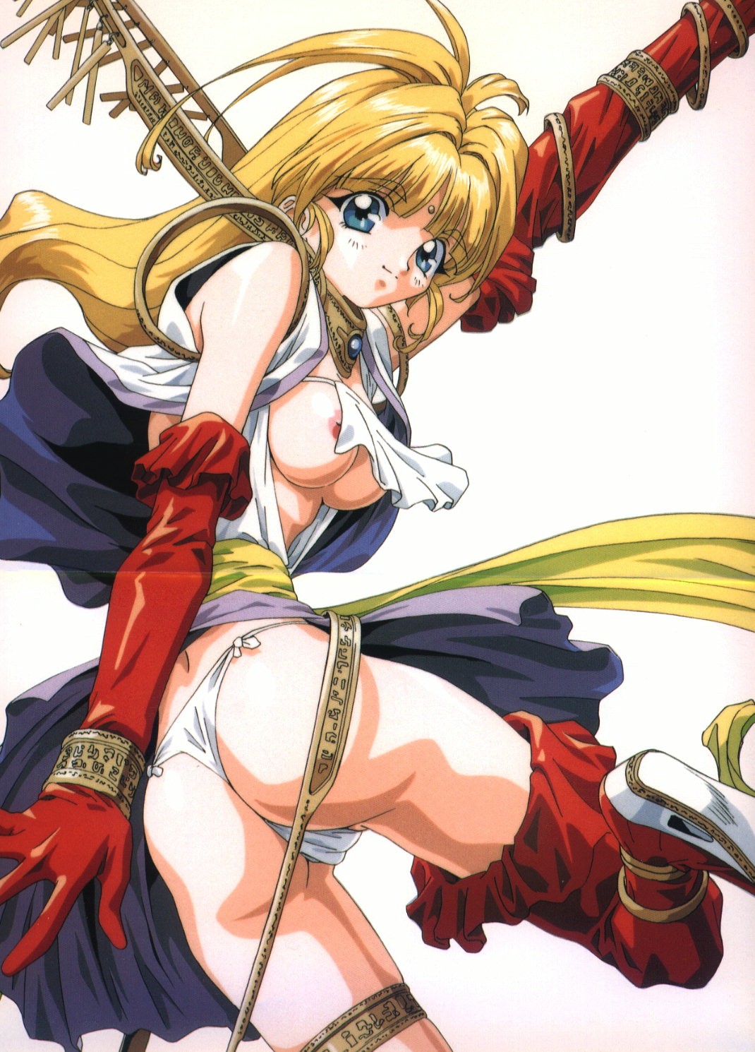 makino ryuuichi, original, cropped, highres, scan, scan artifacts, source request, 1girl, ass, blonde hair, blue eyes, blue theme, female focus, gloves, knight, magic, medieval, nipples, poster (medium), solo, thighhighs