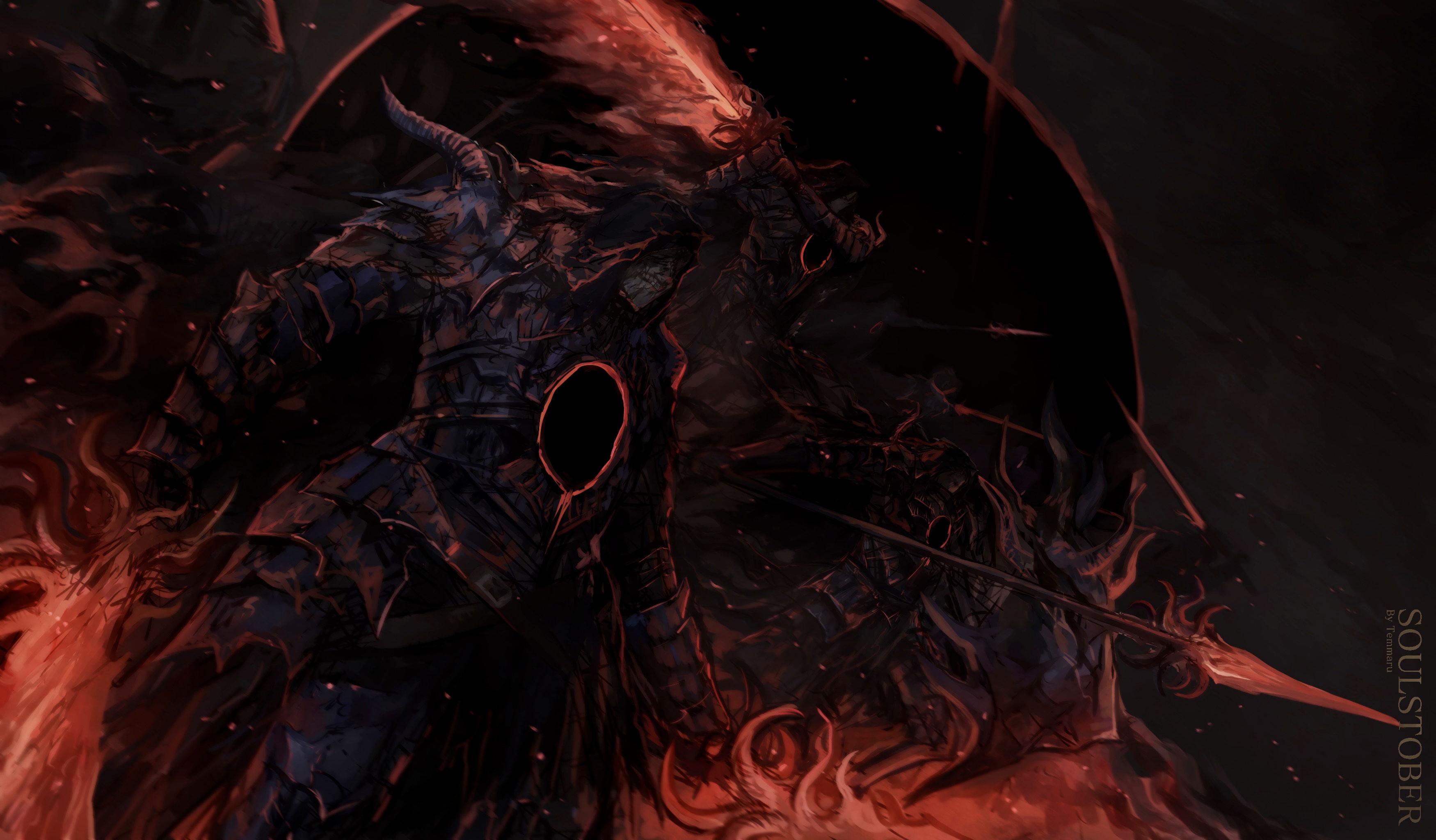 temmaru1, ringed knight (dark souls), dark souls (series), dark souls iii, absurdres, commentary, english commentary, highres, 3others, arm up, armor, black hood, breastplate, cowboy shot, fire, gauntlets, holding, holding polearm, holding sword, holding weapon, hood, hood up, knight, multiple others, polearm, spear, sword, weapon