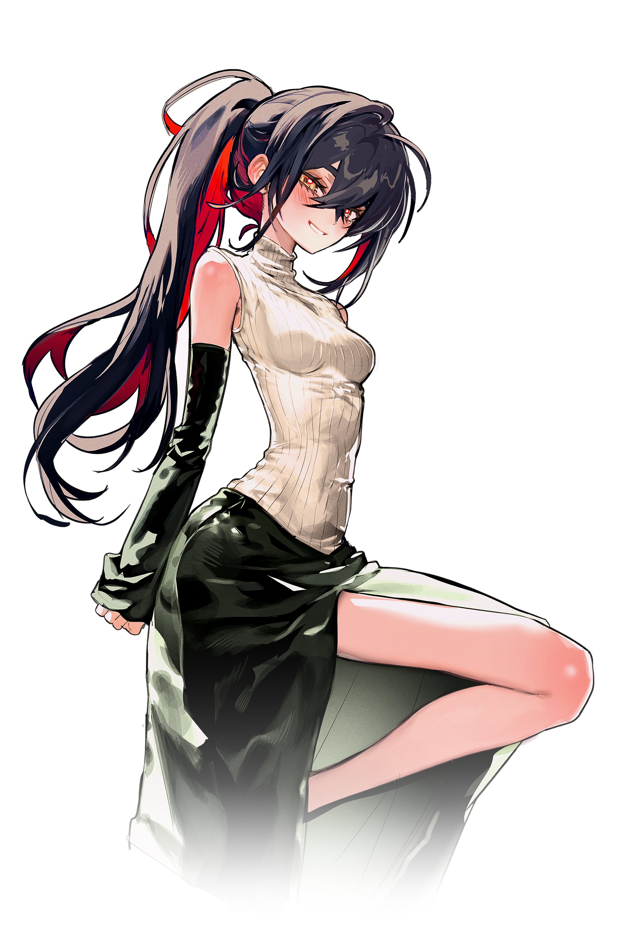5oh5s2, carmine (pokemon), nintendo, pokemon, pokemon sv, absurdres, highres, 1girl, alternate costume, black hair, black skirt, black sleeves, blush, breasts, colored inner hair, crossed bangs, detached sleeves, hair between eyes, long hair, looking at viewer, medium breasts, mole, mole under eye, multicolored hair, open mouth, parted lips, ponytail, red hair, ribbed shirt, shirt, side slit, skirt, sleeveless, sleeveless shirt, smile, two-tone hair, white shirt, yellow eyes