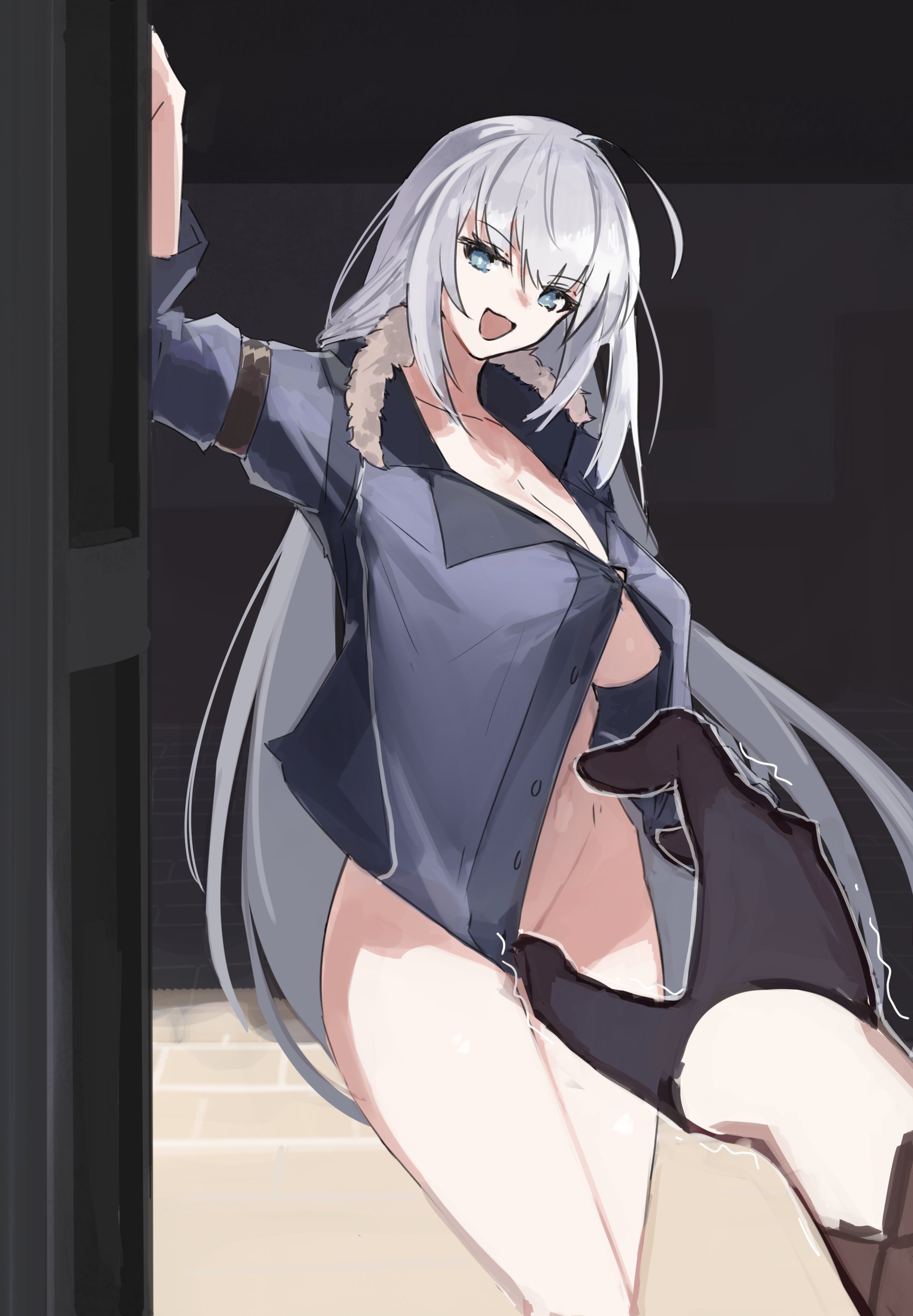 jonyeld, shizuna rem misurugi, eiyuu densetsu, kuro no kiseki (series), absurdres, commentary, english commentary, highres, 1girl, bottomless, breasts, dress shirt, fur collar, green eyes, hair between eyes, half updo, long hair, looking at viewer, naked shirt, navel, no bra, no pants, open clothes, open shirt, partially unbuttoned, pov, pov hands, shirt, sidelocks, upper body, white hair