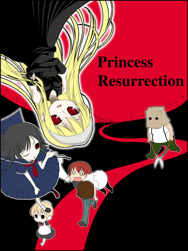 nimiya, flandre (kaibutsu oujo), hime (kaibutsu oujo), hiyorimi hiro, kamura reiri, riza wildman, kaibutsu oujo, 00s, 2boys, 4girls, ;), bag, black dress, black hair, blonde hair, brown hair, dress, looking at viewer, multiple boys, multiple girls, o o, one eye closed, path, red eyes, red hair, road, smile, standing, upside-down