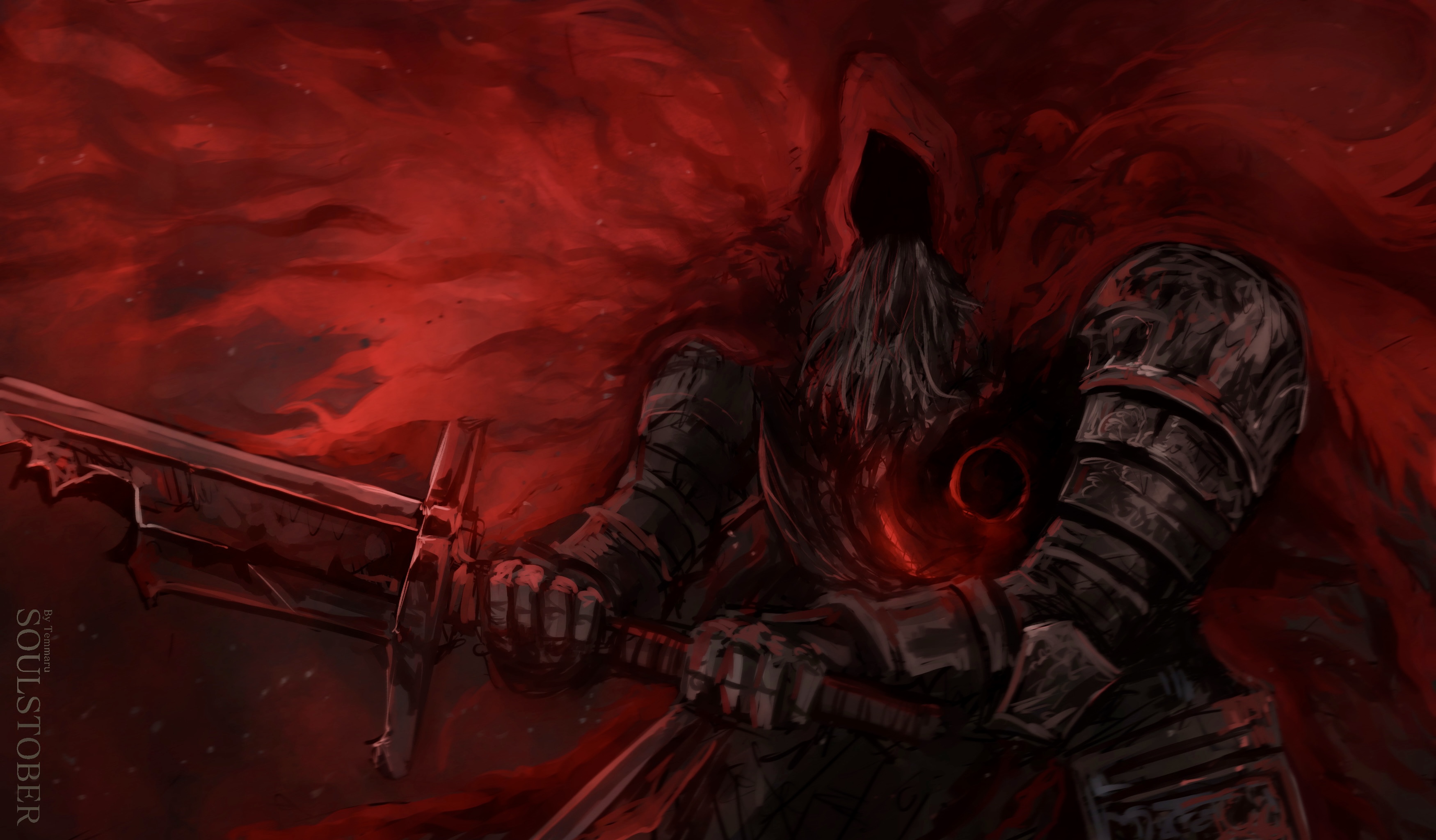 temmaru1, slave knight gael, dark souls (series), dark souls iii, absurdres, commentary, english commentary, highres, 1boy, armor, beard, broken, broken sword, broken weapon, cloak, cowboy shot, facial hair, flat chest, gauntlets, holding, holding sword, holding weapon, hood, hood up, hooded cloak, male focus, pauldrons, red cloak, red theme, shoulder armor, solo, sword, weapon