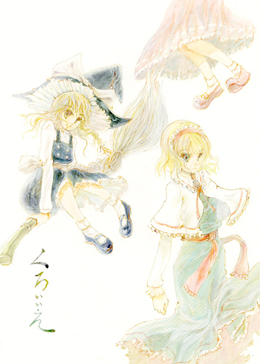 fujita yuuya, alice margatroid, hakurei reimu, kirisame marisa, touhou, bad id, bad pixiv id, painting (medium), traditional media, watercolor (medium), 3girls, blonde hair, broom, broom riding, female focus, multiple girls