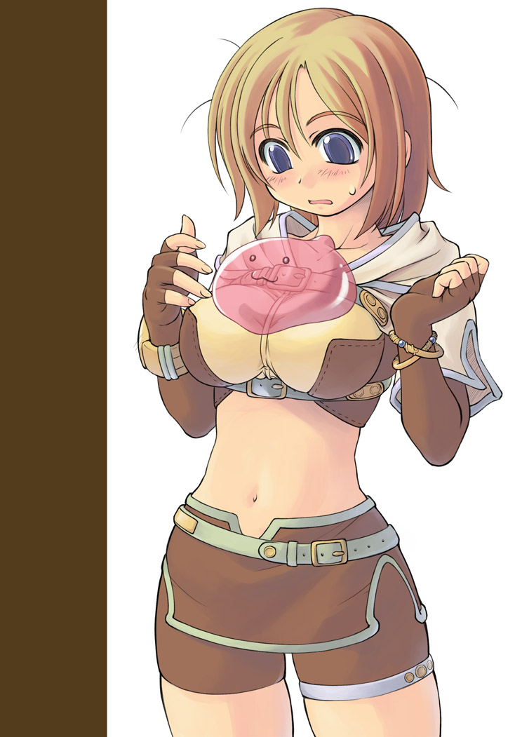 mil (xration), hunter (ragnarok online), poring, ragnarok online, 1girl, :3, belt, blonde hair, blue eyes, blush, breasts, collarbone, elbow gloves, female focus, fingerless gloves, gloves, hunter, large breasts, looking down, midriff, navel, short hair, shorts, skindentation, solo, sweatdrop