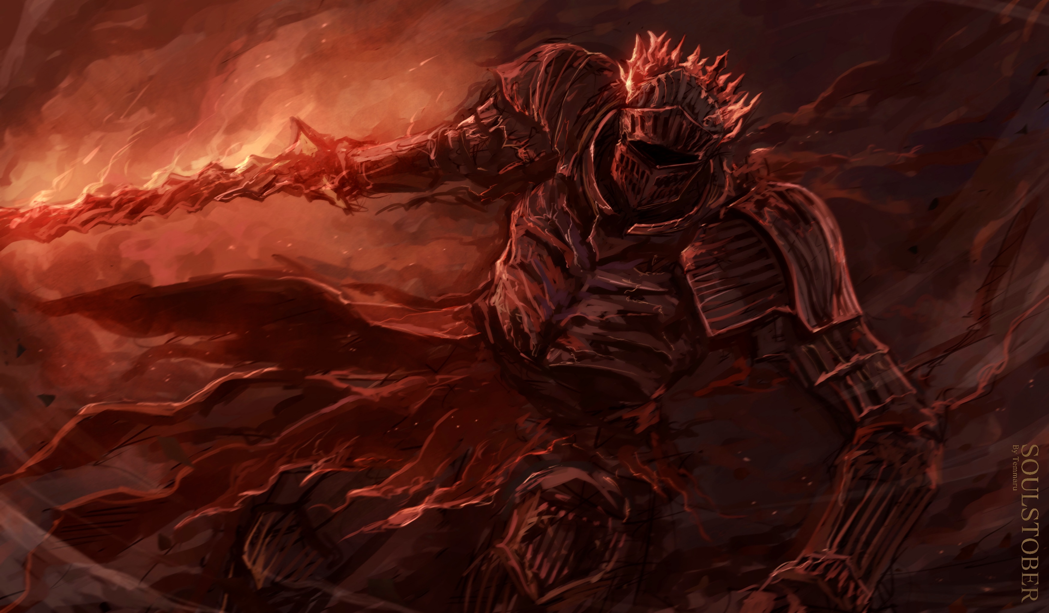 temmaru1, soul of cinder, dark souls (series), dark souls iii, absurdres, commentary, english commentary, highres, 1other, armor, armored boots, boots, breastplate, cape, cowboy shot, fire, flaming sword, flaming weapon, gauntlets, holding, holding sword, holding weapon, jumping, looking at viewer, orange theme, other focus, pauldrons, red cape, shoulder armor, solo, sword, torn cape, torn clothes, visor (armor), weapon