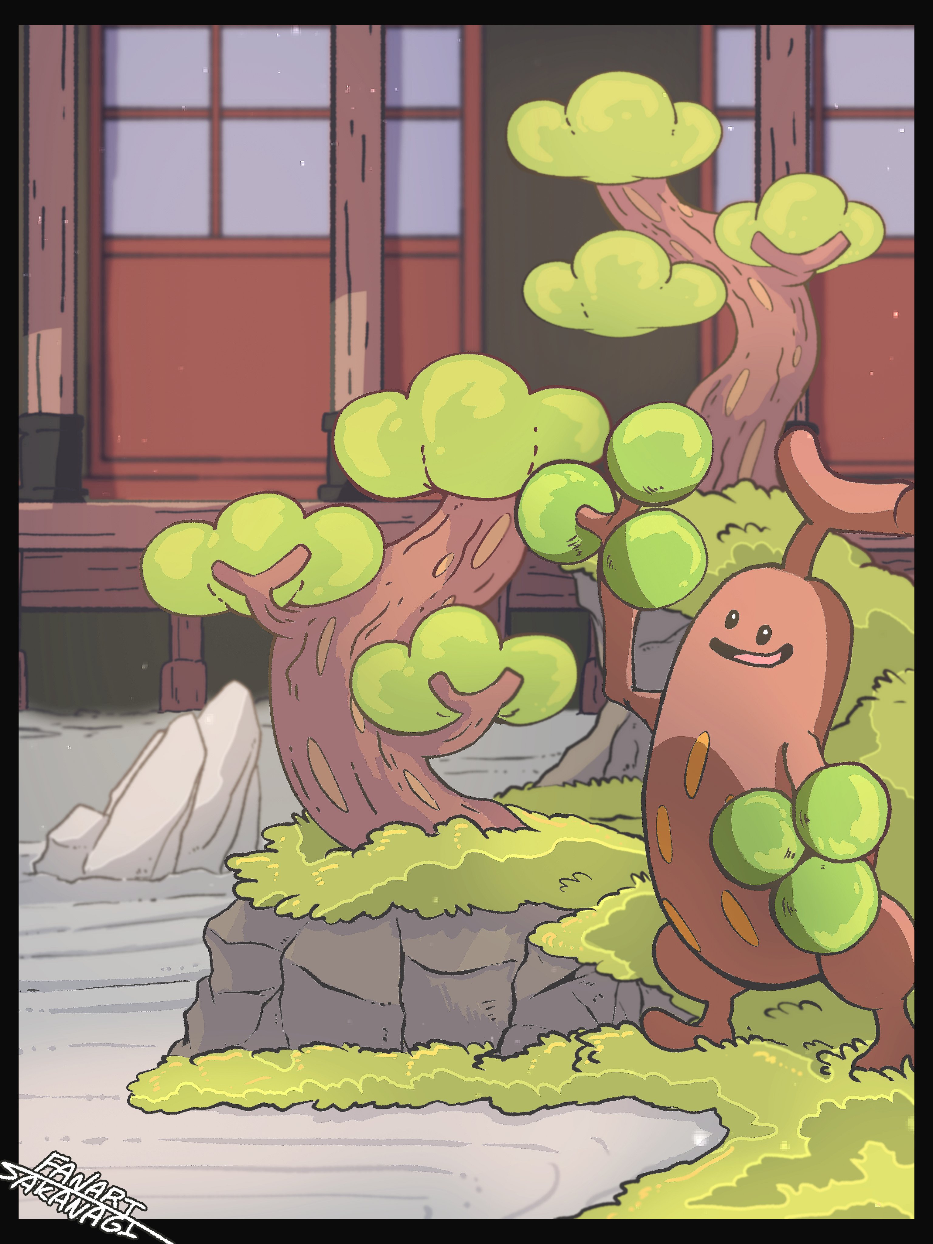 sakanagi (a r co), sudowoodo, nintendo, pokemon, absurdres, highres, gen 2 pokemon, grass, japanese house, no humans, open mouth, outdoors, pokemon (creature), pokemon focus, rock, smile, tree