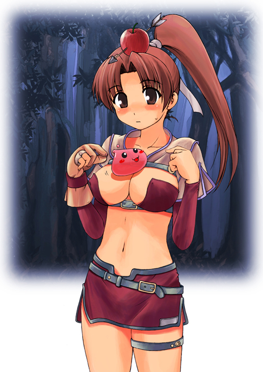 hunter (ragnarok online), poring, ragnarok online, 1girl, apple, belt, blush, breasts, cleavage, female focus, food, food as clothes, fruit, hunter, large breasts, midriff, ponytail, solo
