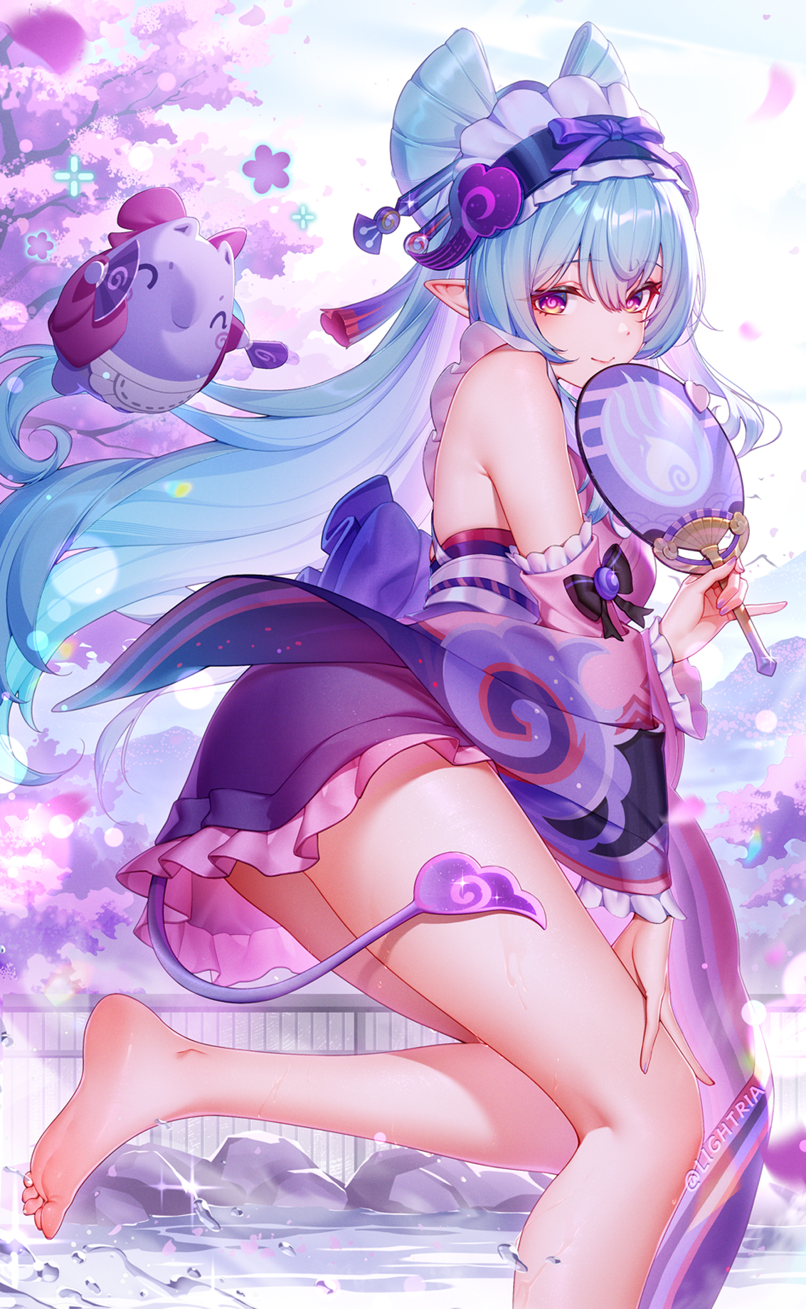 lightria, yumemizuki mizuki, genshin impact, commentary request, highres, 1girl, bare shoulders, barefoot, blue eyes, blue hair, breasts, frilled hairband, frills, hairband, hand fan, japanese clothes, kimono, large breasts, long hair, long sleeves, looking at viewer, pointy ears, purple eyes, purple kimono, short kimono, smile, solo, thighs, wide sleeves
