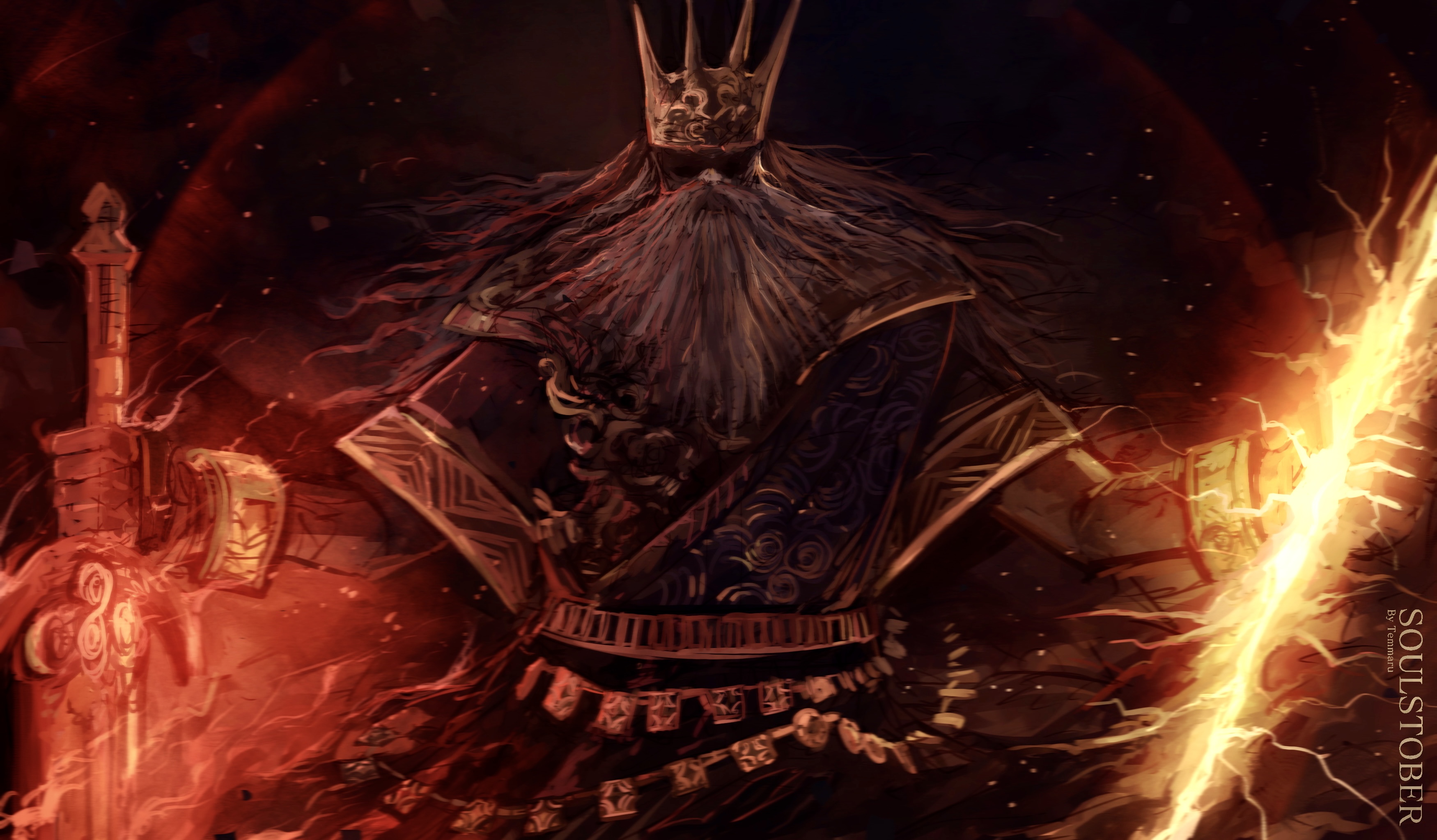 temmaru1, dark souls (series), dark souls i, absurdres, commentary, english commentary, highres, 1boy, beard, belt, black cape, cape, crown, electricity, electrokinesis, facial hair, fire, flaming sword, flaming weapon, grey hair, gwyn lord of sunlight, holding, holding sword, holding weapon, lightning, male focus, red background, solo, sword, upper body, weapon