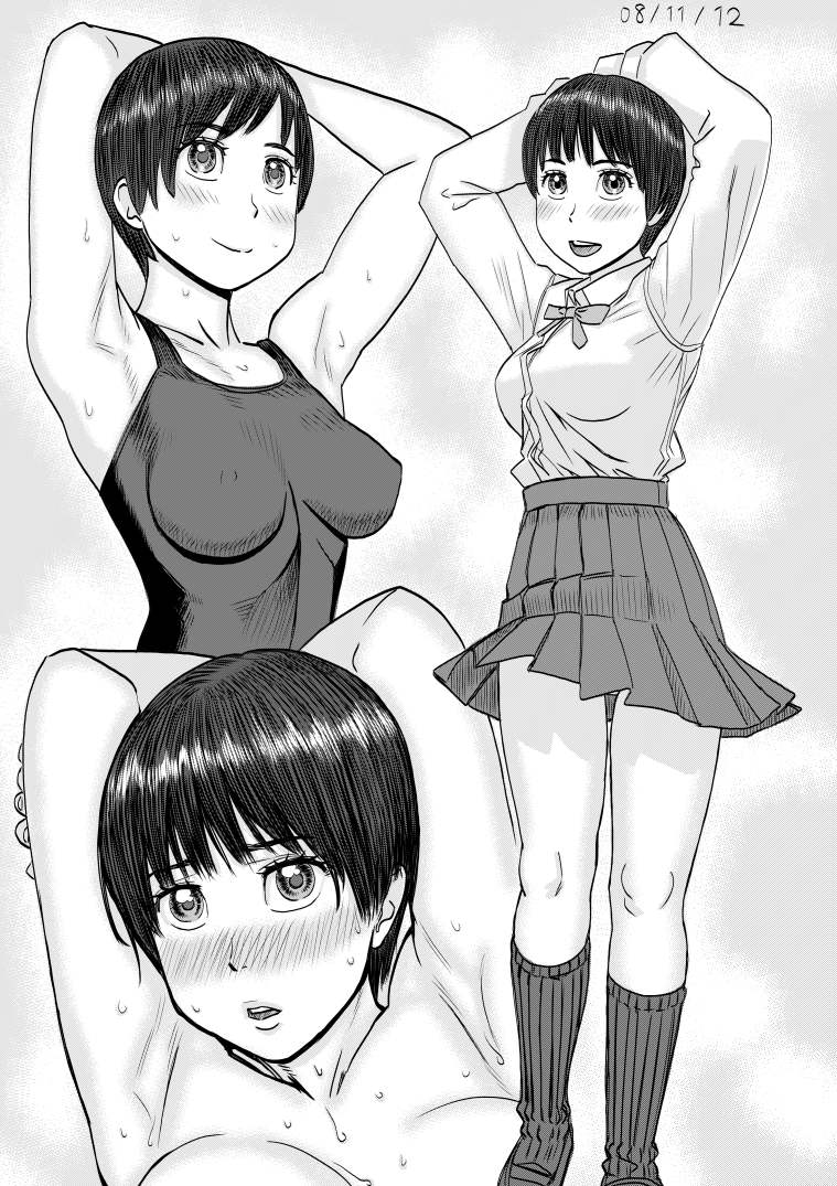 zenkou, ayumu (zenkou), original, 1girl, armpits, arms up, black hair, blush, breasts, cleavage, covered erect nipples, dated, greyscale, monochrome, multiple views, nipples, one-piece swimsuit, pleated skirt, school uniform, short hair, skin tight, skirt, socks, sweat, swimsuit, topless female, topless frame