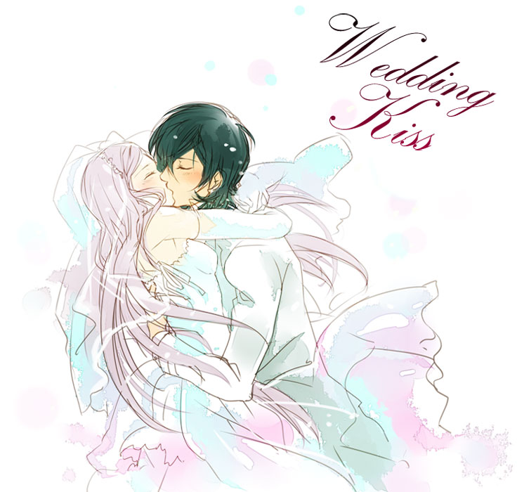 chikan yoshiko, allelujah haptism, soma peries, gundam, gundam 00, light purple hair, 00s, 1boy, 1girl, blush, bridal veil, bride, closed eyes, couple, dress, elbow gloves, gloves, green hair, hetero, hug, kiss, veil, wedding, wedding dress, white hair