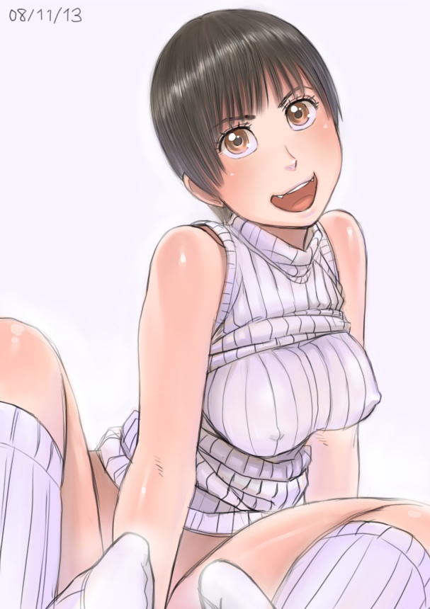 zenkou, ayumu (zenkou), original, 1girl, :d, black hair, bottomless, breasts, cleavage, covered erect nipples, dated, fang, fangs, female focus, grey background, head tilt, knees apart feet together, large breasts, nipples, no panties, open mouth, shiny skin, shirt, short hair, simple background, sitting, smile, socks, solo, spread legs, sweater, taut clothes, taut shirt