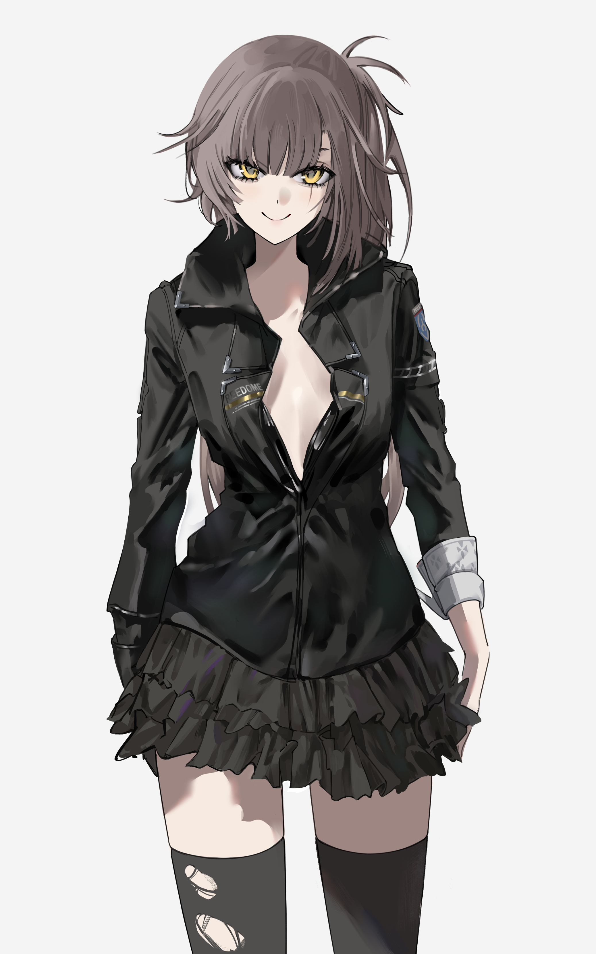mo awanai, leva (girls' frontline 2), ump45 (girls' frontline), girls' frontline, girls' frontline 2: exilium, absurdres, highres, 1girl, alternate costume, grey hair, scar, scar across eye, scar on face, simple background, smile, solo, white background, yellow eyes