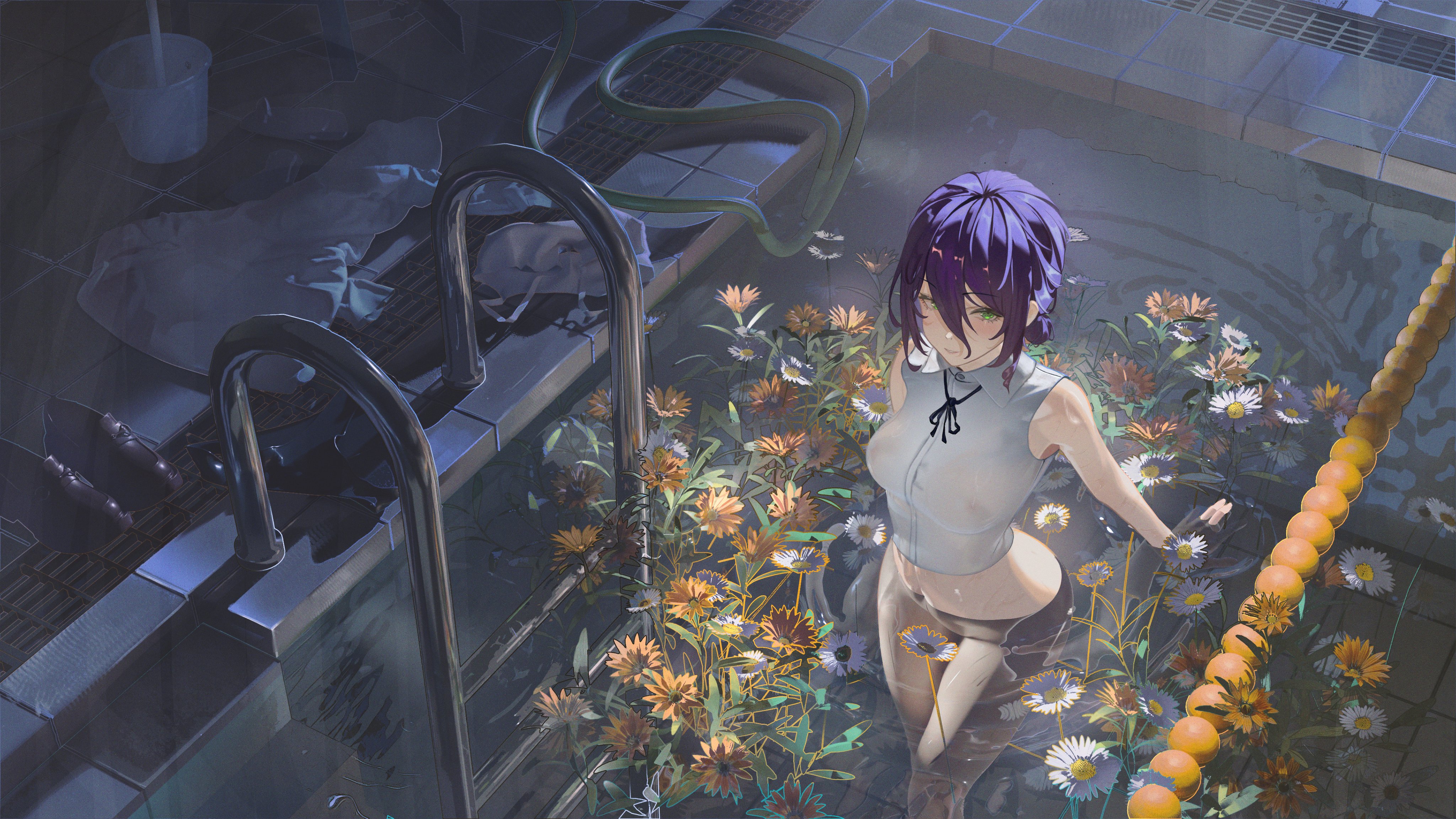 reze (chainsaw man), chainsaw man, absurdres, highres, 1girl, black ribbon, bottomless, breasts, flower, green eyes, hair between eyes, hair bun, kt (kt19990301), large breasts, neck ribbon, orange flower, partially submerged, pool, pool ladder, purple hair, ribbon, shirt, sleeveless, sleeveless shirt, solo, white flower, white shirt