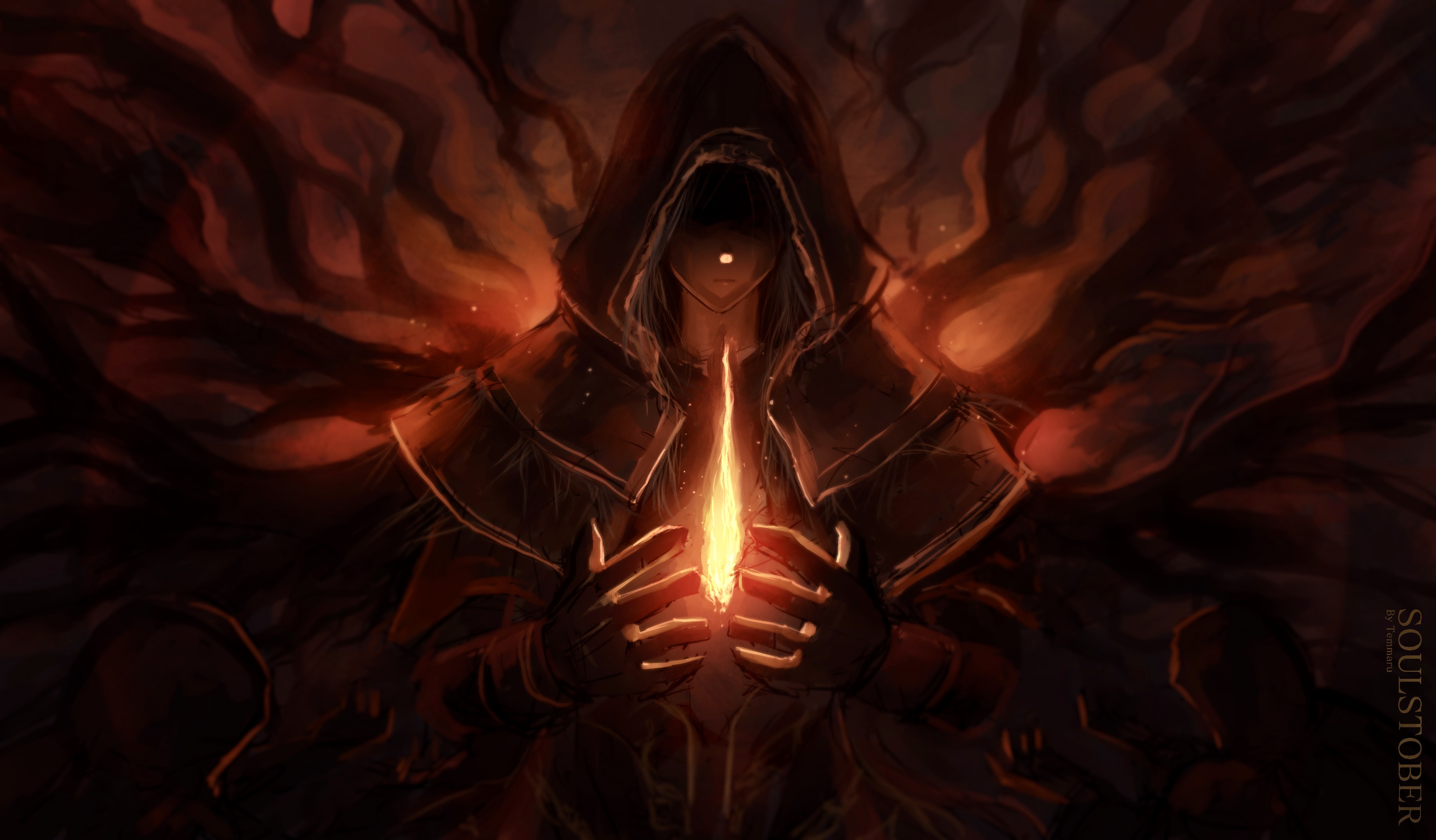 temmaru1, witch of izalith, dark souls (series), dark souls i, absurdres, commentary, english commentary, highres, 1girl, black gloves, brown hood, closed mouth, expressionless, fire, gloves, grey hair, hood, hood up, pyrokinesis, red background, shaded face, solo, upper body