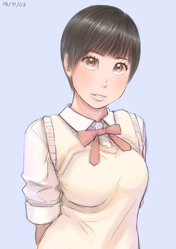 zenkou, ayumu (zenkou), original, 1girl, arms behind back, black hair, blue background, blush, breasts, dated, female focus, head tilt, looking at viewer, parted lips, school uniform, short hair, simple background, sleeves rolled up, solo, sweater, sweater vest, upper body, yellow eyes